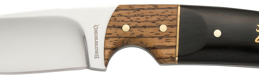 Browning 3220271 Buckmark Hunter EDC 3.13" Fixed Drop Point, Plain Mirror Polished 8Cr14MoV SS Blade, Black/Zebra Finger Grooved w/Brass Accents Hardwood Handle, Includes Sheath