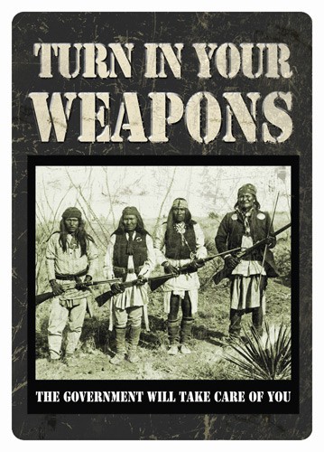 RIVERS EDGE TIN SIGN 12"X17" - "TURN IN YOUR WEAPONS"