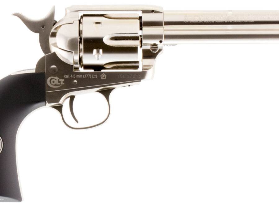 Umarex Colt Air Guns 2254051 Colt Peacemaker CO2 Pistol 177 Pellet 6rd Single Action, Nickel Frame, CO2 Housed In Black Polymer Grip