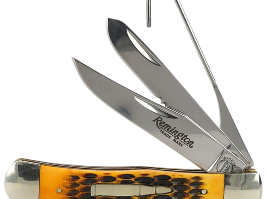 Remington Accessories R15696 Bullet Waterfowler Pocket Folding Clip Point/Gut Hook/Spey Gut Hook/Part Serrated/Plain Polished Carbon Steel Blade, Burnt Dark Amber Jigged Bone Handle