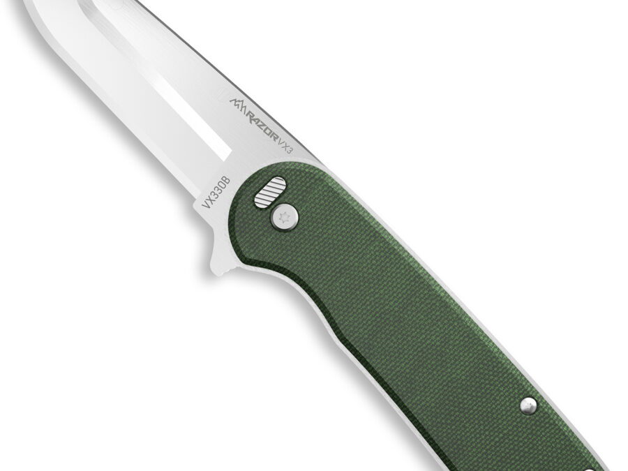 Outdoor Edge VX330B Razor VX3 EDC 3" Folding Drop Point Plain Satin 420J2 SS Blade, Green Micarta Handle