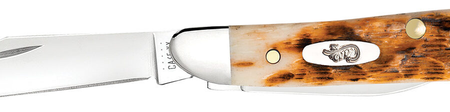 Case 00045 Peanut  2.10"/1.53" Folding Clip Point/Pen Plain Mirror Polished Tru-Sharp SS Blade, Peach Seed Jigged Amber Jigged Bone Handle