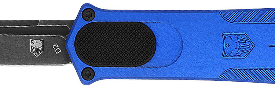 CobraTec Knives CALI952BLUDNS California 952 *CA Compliant 1.75" OTF Drop Point Plain Black Stonewashed D2 Steel Blade, 3" Blue Anodized Aluminum Handle