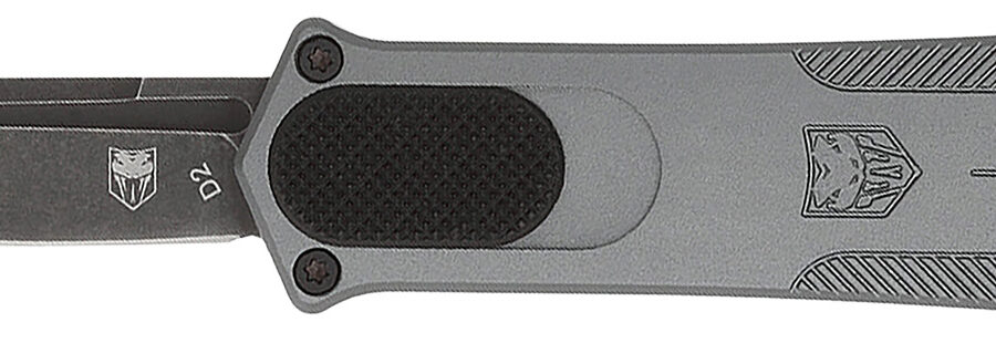 CobraTec Knives CALI952GRYDNS California 952 *CA Compliant 1.75" OTF Drop Point Plain Black Stonewashed D2 Steel Blade, 3" Gray Anodized Aluminum Handle