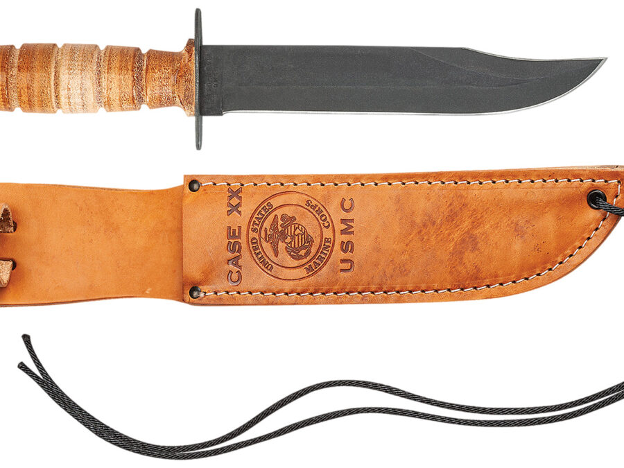 Case 00334 USMC  7" Fixed Clip Point Plain Blackened 1095 Carbon Steel Blade Grooved Leather Handle