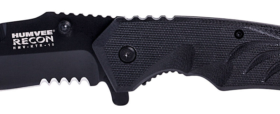 Humvee Adventure Gear HMVKTR15 Tactical Recon  3" Folding Drop Point Part Serrated Black Stainless Steel Blade/Black Textured Features Glass Breaker/Seat Belt Cutter Includes Pocket Clip