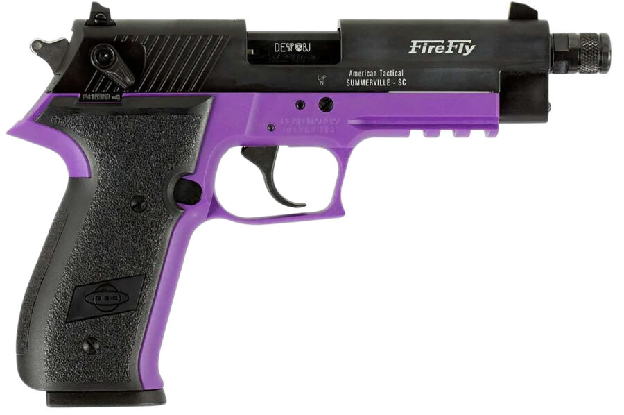 GSG GERG2213TFFLA FireFly  22 WMR 13+1 4.90" Black Threaded Barrel, Purple Aluminum Serrated Slide, Purple Aluminum Frame w/Picatinny Rail, Textured Grip