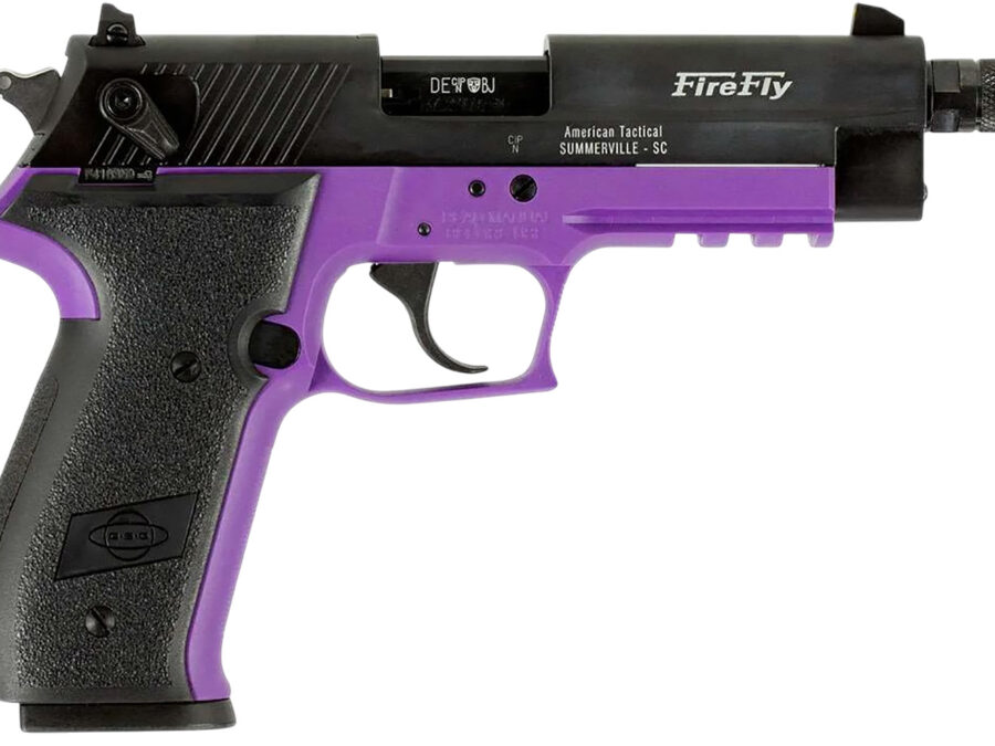 GSG GERG2213TFFLA FireFly  22 WMR 13+1 4.90" Black Threaded Barrel, Purple Aluminum Serrated Slide, Purple Aluminum Frame w/Picatinny Rail, Textured Grip
