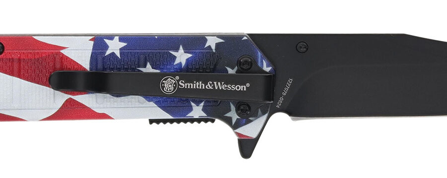 Smith & Wesson Knives 1227078 America's Heroes w/Bullet  Knife 3.40" Folding Plain Black Oxide Stainless Steel Blade, 4.50" US Flag Handle, Bullet Knife, Gift Tin