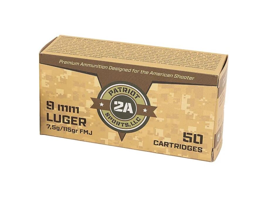 Patriot Sports Brass Case Handgun Ammunition 9mm Luger 115gr FMJ 1230 fps 1000/ct (20-50/ct Boxes)