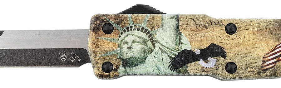 Templar Knife SZLIB221 Premium Weighted Liberty Small 3" OTF Tanto Plain Black Oxide Stonewashed D2 Steel Blade, 4.50" Gold w/Statue of Liberty/Flag/Eagle Aluminum Zinc Alloy Handle