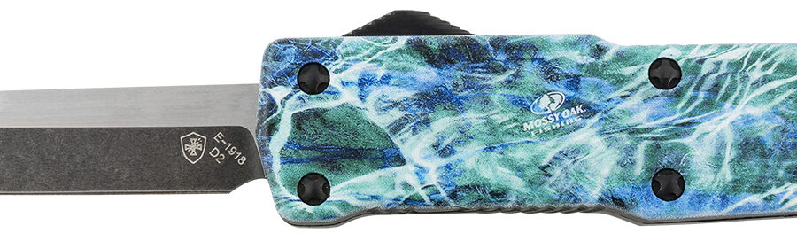 Templar Knife SZMOS321 Premium Weighted  Small 3" OTF Drop Point Plain Black Oxide Stonewashed D2 Steel Blade, 4.50" Mossy Oak Seafoam Aluminum Zinc Alloy Handle