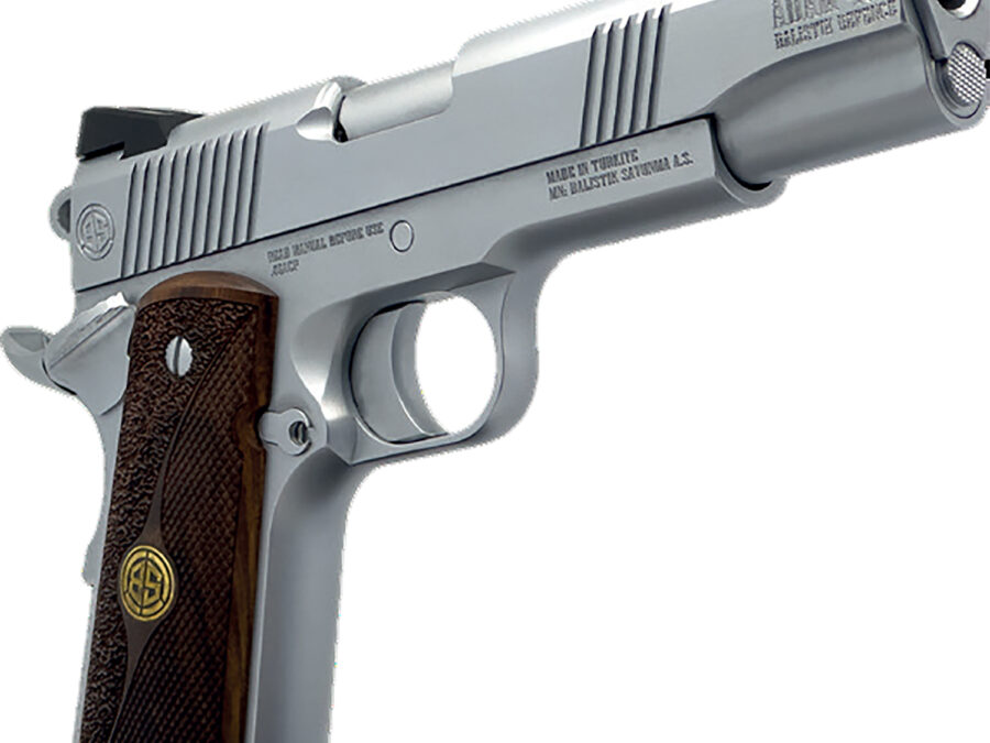 Dickinson LLC DCKSN45B 1911 Adam B Full Size Frame SAO 45 ACP 7+1 5" Stainless Button Rifled Barrel, Stainless Steel B Serrations Slide, Stainless Steel Frame, Wood Grip