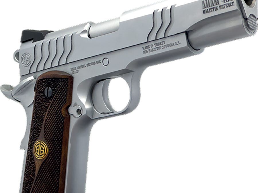 Dickinson LLC DCKSN45S 1911 Adam S Full Size Frame SAO 45 ACP 7+1 5" Stainless Button Rifled Barrel, Stainless Steel S Serrations Slide, Stainless Steel Frame, Wood Grip