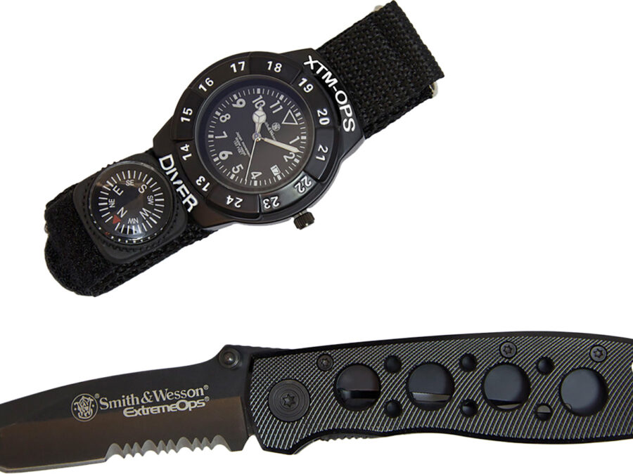 S&W SWXTMOPS2 S&W Extreme Ops Combo 3.18" Folding Plain Black 420 Stainless Steel Blade, Black Handle, Watch w/Compass
