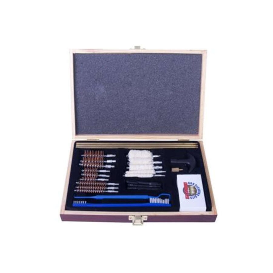 DAC GUN CLEANING KIT UNIVERSAL 22LR AND LARGER 30/PC WOODEN CASE