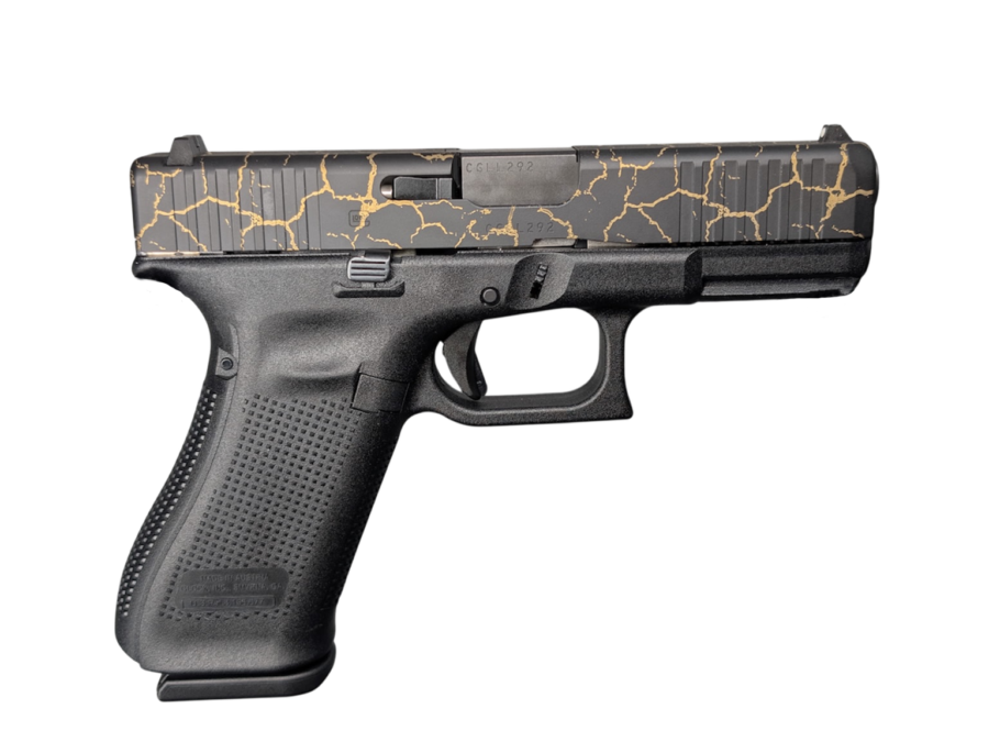 GLOCK 45 V CRAQUELURE 9MM PISTOL 4" BLACK-BLK/GOLD SLIDE FXD 3-17RD MAGS