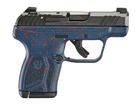RUGER LCP MAX 380ACP 2.8IN BARREL 10RD BLACK 250TH YR ANNIV ENG ON SLIDE GRIP BLUE W/ RED AND WH SPLATTER 13778