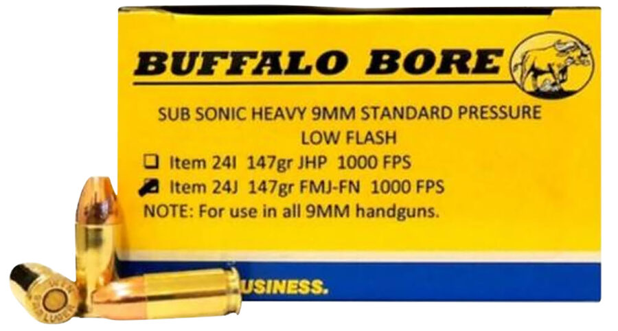 Buffalo Bore Ammunition 24J20 Subsonic Strictly Business 9mmLuger 147gr Full Metal Jacket Flat Nose 20 Per Box/12 Case