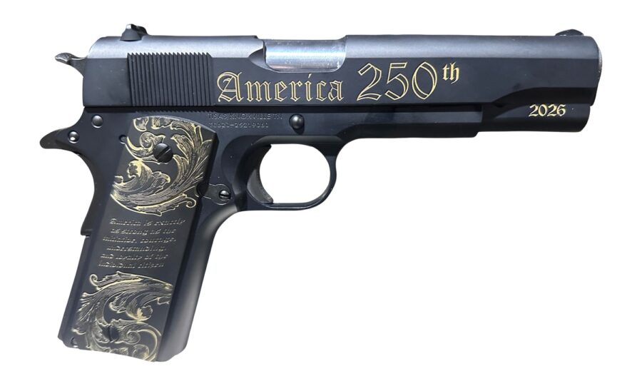 Tisas Arms 10100518US250 1911 America's 250th Full Size 45 ACP 7+1 5" Stainless Barrel, Black w/Gold Engraving Steel Serrated Slide, Black w/Gold Engraving Steel Frame w/Beavertail, Black w/Gold Accen