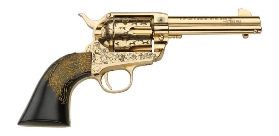 Pietta PFI45KOP434EP Keeper Of The Plains 45 Colt (Long Colt) 6 Shot 4.75" Ultra Black Engraved w/Eagle Feather Grip
