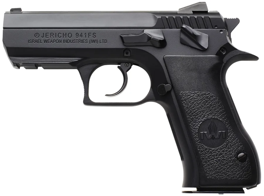 IWI US J941FS910ORP Jericho 941 Mid-Size Frame 9mm Luger 10+1 3.80" Black Chrome Lined Steel Barrel, Black Serrated Steel Slide & Frame w/Beavertail & Picatinny Rail, Black Textured Grips