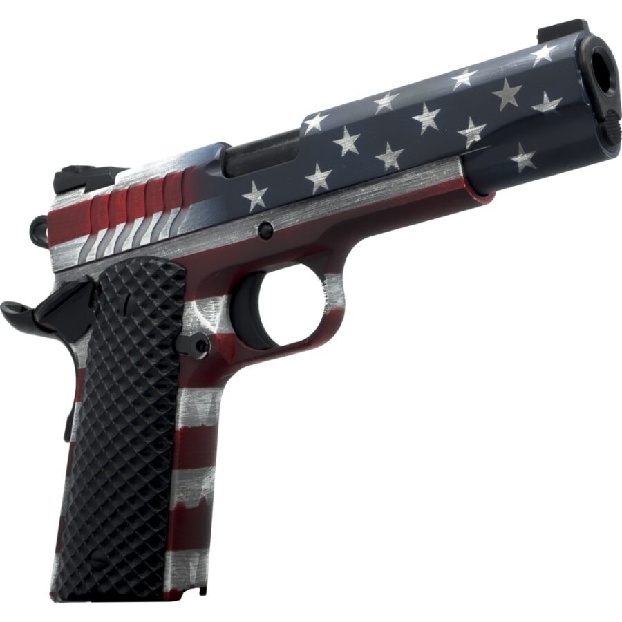 Dickinson LLC DKSN9AFS Adam 1911 American Flag Full Size 9mm Luger 9+1 4.37" Black Barrel, American Flag Cerakote Steel B Serrations Slide & Steel Frame w/Beavertail, Black Textured Grip