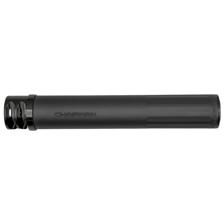 BOSS CHAIRMAN  - 5/8X24 BRAKE END CAP 7.62 FULL LENGTH SILENCER HIGH PRESSURE LOADS STAINLESS NITRIDED CORE MUZZLE BREAK FOR MAXIMUM MUZZLE CONTROL REDUCED SOUND SUPPRESSION CH-15080-762-SS-58-BR-BLK