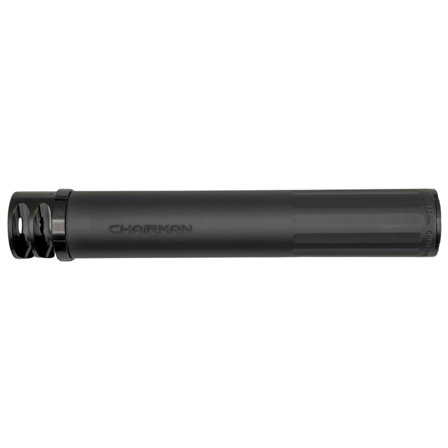 BOSS CHAIRMAN  - 5/8X24 BRAKE END CAP 7.62 FULL LENGTH SILENCER HIGH PRESSURE LOADS STAINLESS NITRIDED CORE MUZZLE BREAK FOR MAXIMUM MUZZLE CONTROL REDUCED SOUND SUPPRESSION CH-15080-762-SS-58-BR-BLK