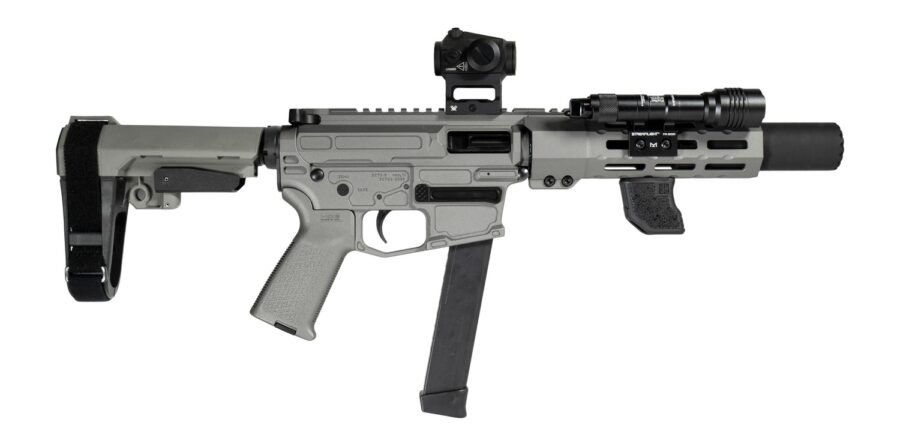 Shark Coast Tactical SCC06742SPGY9-D Sneeky Pete Deluxe w/Optic 9mm Luger 30+1 5.50" Black Melonite Threaded Barrel, Gray Cerakote Receiver, SB Tactical SBA3 Brace, Vortex Crossfire Red Dot, Streamlig