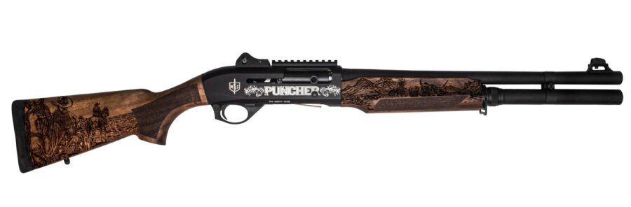 MAC 21000122PNCH Cowboy Puncher  12 Gauge Semi-Auto 3" 5+1 18.50" 18" Black Barrel, Black Engraved Receiver w/Picatinny Rail, Engraved Wood Stock
