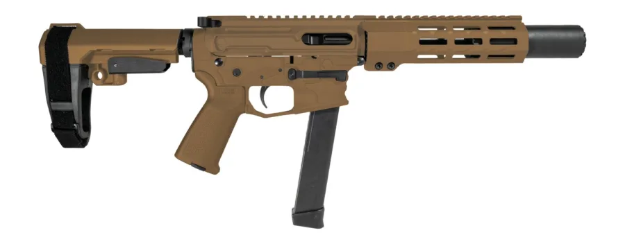 Shark Coast Tactical SCC06735SPFDE9 Sneeky Pete 9mm Luger 30+1 5.50" Black Melonite Threaded Barrel, Flat Dark Earth Cerakote Receiver, SB Tactical SBA3 Brace