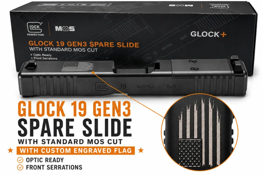 GLOCK  SLIDE ONLY SILVER DISTRESSED FLAG G19 (GEN3/MOS/FS) 79008 DTFLAG CAMFOUR EXCLUSIVE