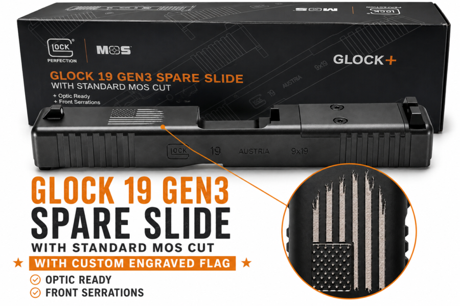 GLOCK  SLIDE ONLY SILVER DISTRESSED FLAG G19 (GEN3/MOS/FS) 79008 DTFLAG CAMFOUR EXCLUSIVE