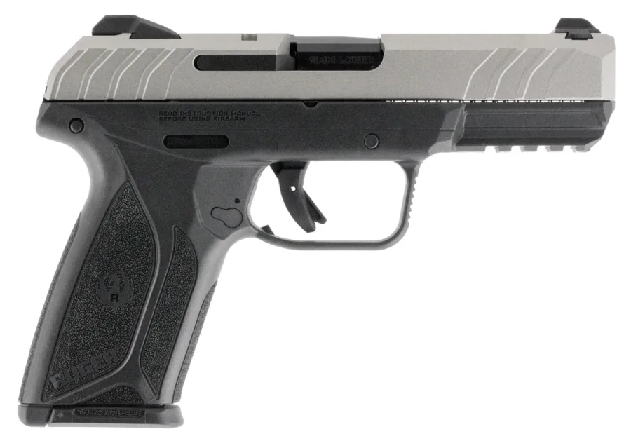 Ruger 3822 Security-9  Sports South Exclusive 9mm Luger 15+1 4" Blued Alloy Steel Barrel, Silver Cerakote Serrated Steel Slide, Black Polymer Frame w/Picatinny Rail, Black Polymer Grip, Right Hand
